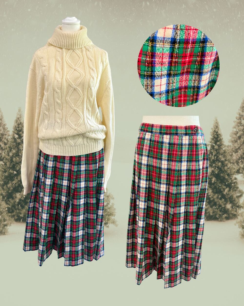 Vintage 70s 80s Pendleton Plaid Wool Pleated Midi Skirt Red Green Size 10/30"